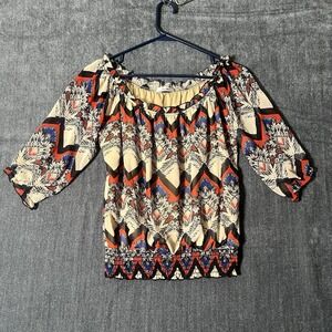 Papaya Women's Blouse S Small Boho Off Shoulder Geometric Print 3/4 Sleeve